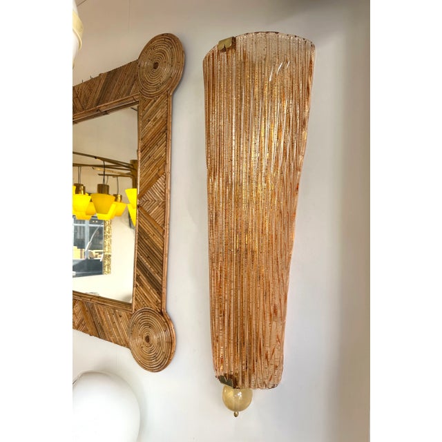 Large Contemporary Pair of Brass Salmon Gold Leaf Murano Glass Sconces, Italy For Sale - Image 9 of 11