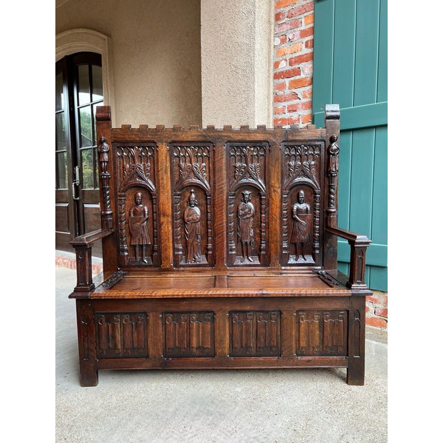 Gothic Antique English Gothic Hall Bench Carved Oak Medieval Knights Settle C1880 For Sale - Image 3 of 18