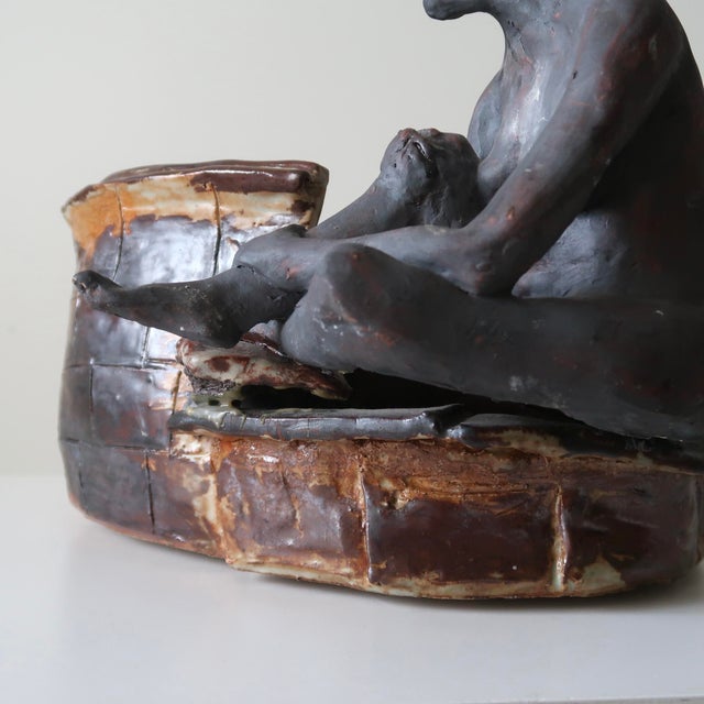 Coffee Mid 20th Century Signed Fine Art Ceramic Sculpture of Seated Figure on Textured Brick-Inspired Glaze and Integrated Platform For Sale - Image 8 of 12