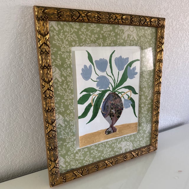 Contemporary Original Floral Acrylic Painting With Collage Framed With Fabric Mat For Sale - Image 3 of 4