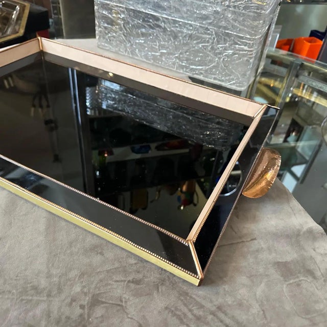 Exceptional 1930s Art Deco Copper and Black Glass Rectangular Italian Serving Tray Presenting a remarkable piece of...