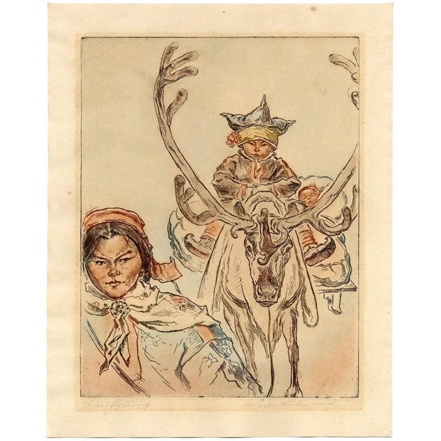 Loren Holmwood, Sámi with Reindeer Höstflytning, 1930s, Etching For Sale - Image 4 of 10