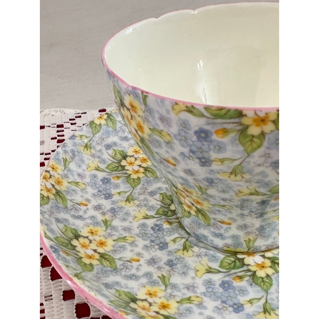 1940s Shelley Primrose Chintz Teacup and Saucer, Fine Vintage English Bone China For Sale - Image 5 of 8