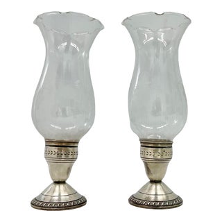 Sterling Silver Hurricanes Crown Silversmiths Glass Candle Holders, Pair For Sale