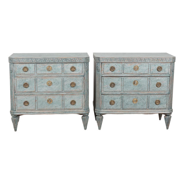 Mid-19th Century Swedish Gustavian Pair of Blue Painted Chests of Drawers For Sale
