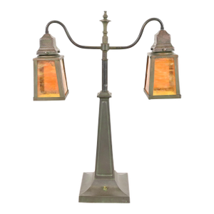 Handel Style Antique Arts & Crafts Bronze and Slag Glass Double Table Lamp, Circa 1920s