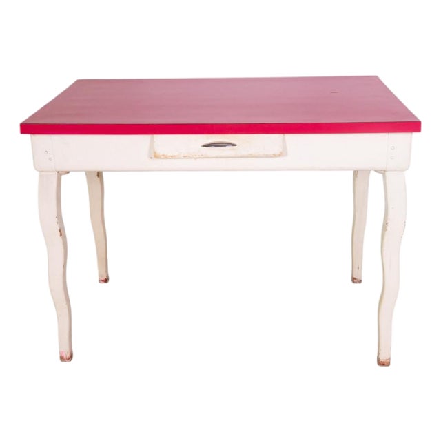 Vintage Kitchen Table with Red Formica Top and Shaped Legs For Sale