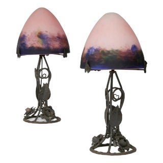 Pair of Early 20th Century French Le Verre Français Art Glass & Wrought Iron Boudoir Lamps For Sale