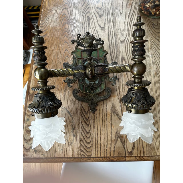 Vintage Pair of Bronze Gas Electric Spanish Revival Sconces For Sale - Image 4 of 11