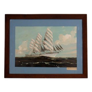 Georges Fouillé, Three-Masted Ship, Stencil on Lithograph, 1950s, Framed For Sale