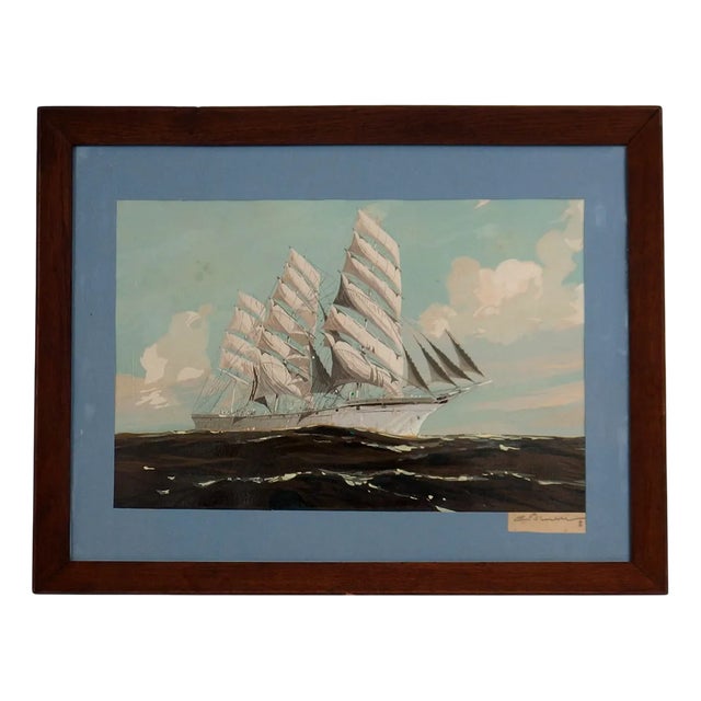 Georges Fouillé, Three-Masted Ship, Stencil on Lithograph, 1950s, Framed For Sale