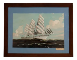 Georges Fouillé, Three-Masted Ship, Stencil on Lithograph, 1950s, Framed