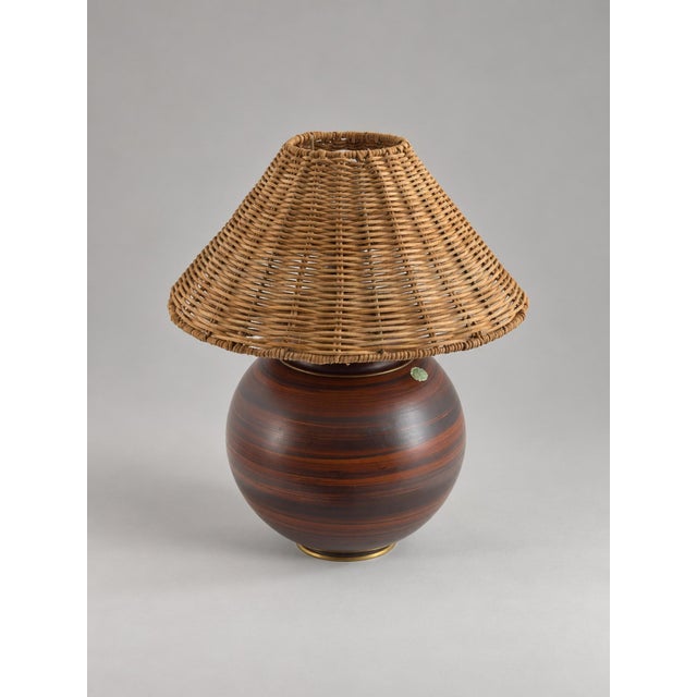 Rörstrand Swedish Modern Ceramic Table Lamp with Wicker Shade by Gunnar Nylund for Rörstrand, 1940 For Sale - Image 4 of 6