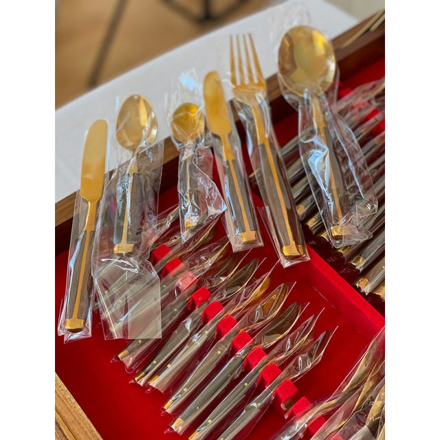 Vintage MidCentury Thailand Bronze Flatware Set in Teak Case 143