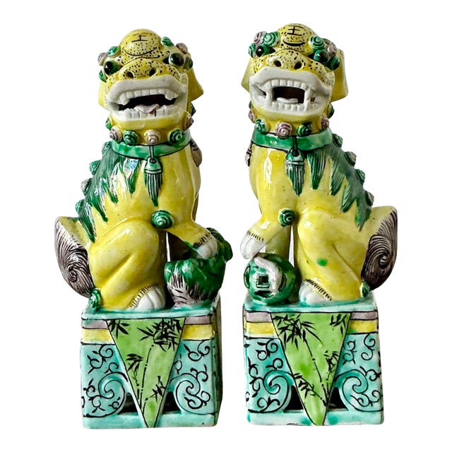 Vintage Asian Glazed Ceramic Guardian Lions - A Pair For Sale