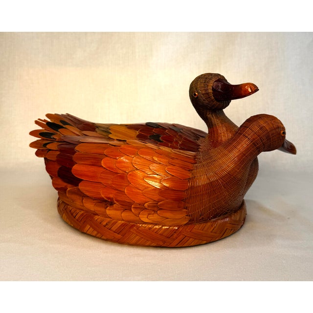 English Asian Folk Art Duck Wicker Lidded Basket For Sale - Image 3 of 11