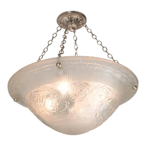 High Style Art Deco Relief Cubist and Geometric Frosted Glass Chandelier by Degue