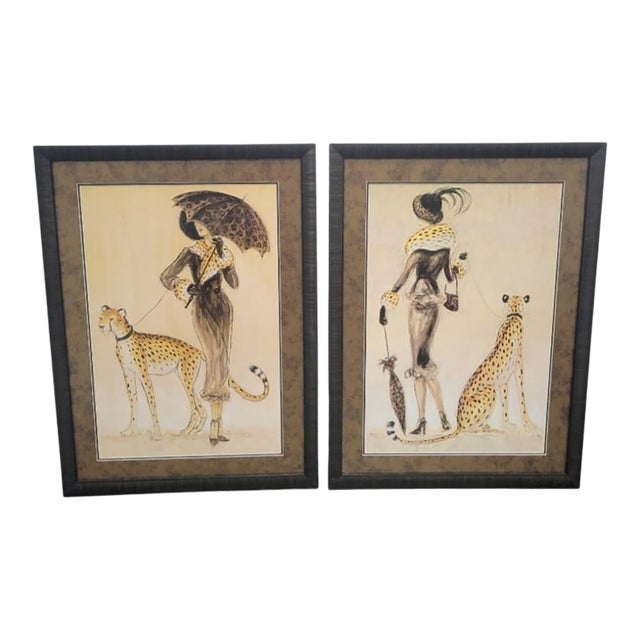 Black Framed Leopard Elegant Cosmopolitan Fashion Ladies Prints Wall Art- A Pair For Sale
