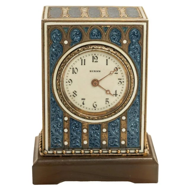 A fine antique Swiss silver gilt & guilloched enamel miniature carriage clock, retailed by Birks of Montreal, Circa 1910,...