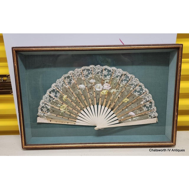Shadow Box Framed Antique Victorian Lace & Silk Floral Painted Ladies Hand Fan For Sale - Image 4 of 12