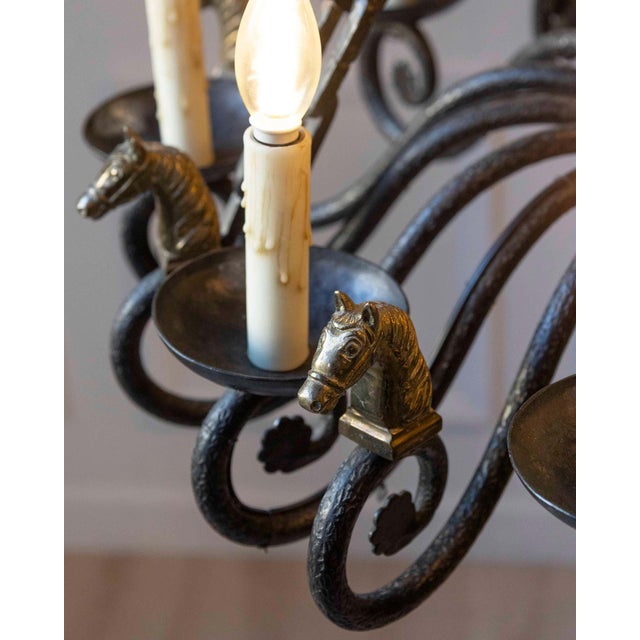 Mid 20th-Century French Wrought Iron Chandelier with Horse-Head Details For Sale In Atlanta - Image 6 of 11