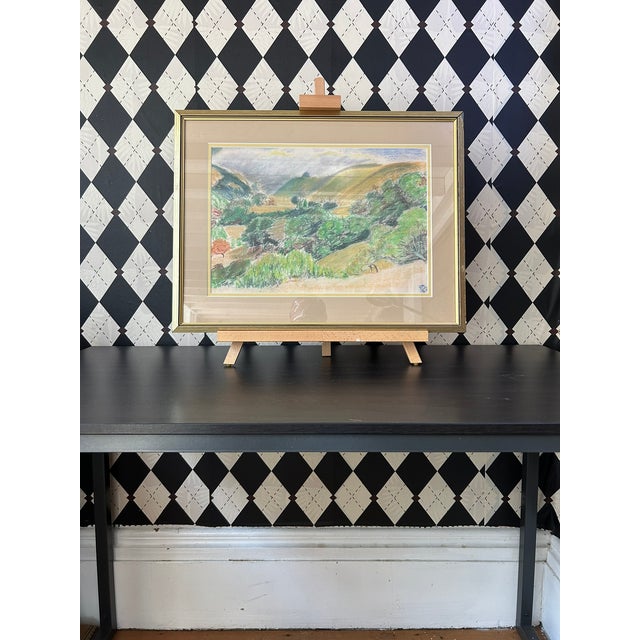 Green Signed Original Colored Pencil Landscape Drawing – Rolling Green Hills & Valley, Framed, 1980 For Sale - Image 8 of 10