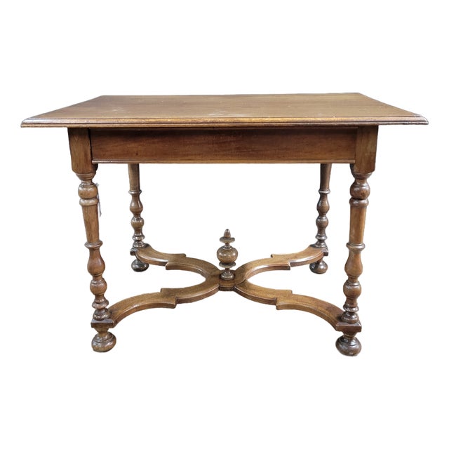 French 19th Century Walnut Side Table With X-Stretcher, Turned Legs & a Drawer For Sale