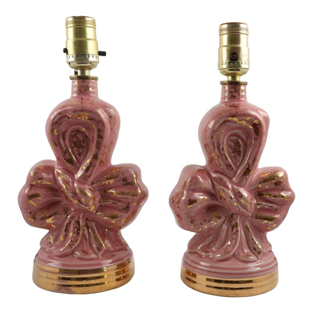 Vintage Pink Ceramic Bow Lamps With Gold Accents Hollywood Regency, 12 In - a Pair For Sale