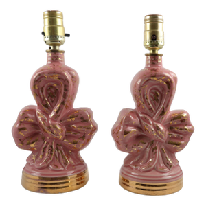 Vintage Pink Ceramic Bow Lamps With Gold Accents Hollywood Regency, 12 In - a Pair