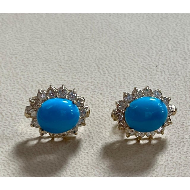 8 Ct Oval Sleeping Beauty Turquoise 1.5ct Diamond Stud Earrings 14 K Yellow Gold For Sale - Image 10 of 18