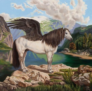 Pegasus by Robin Hextrum | Oil on wood panel of a winged horse by a lake in a mountainous landscape
