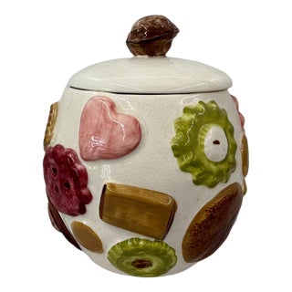 Mid 20th Century "Cookies All Over" Ceramic Cookie Jar With Walnut Finial Lid For Sale