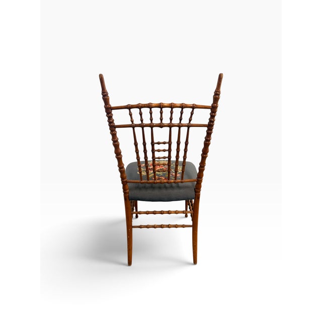 19th Century Antique Napoleon III Faux-Bamboo Turned Spindle Side Chair With Floral Needlepoint Seat For Sale - Image 5 of 9