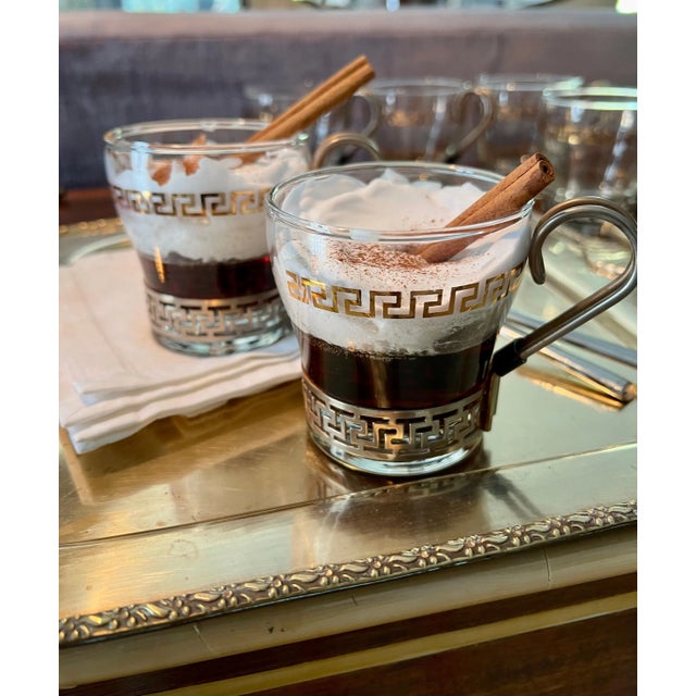 Metal Glasses in Copper Holder with Greek Key Details - Set of 6 For Sale - Image 7 of 13