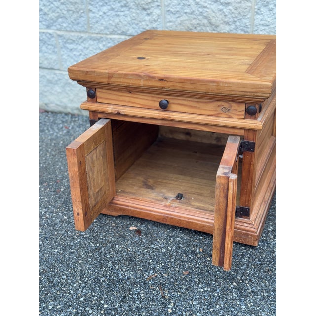Wood Pair of Rustic Pine Nightstands With Wrought Iron Hardware For Sale - Image 7 of 10