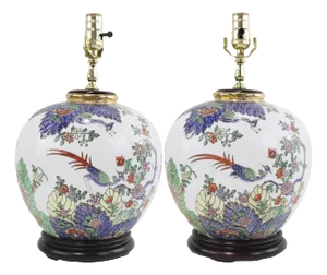 Pair of Chinese Famille Verte Porcelain Peacock Ginger Jar Table Lamps