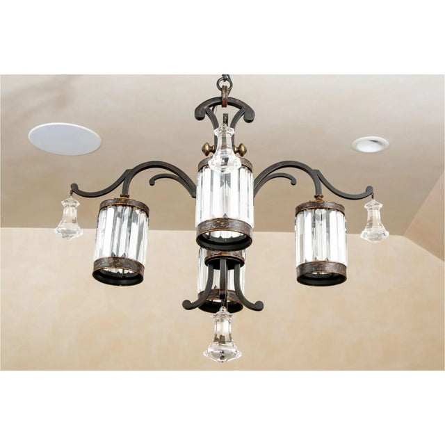 Four Arm Chandelier With Prism Shades and Bell Form Crystals.vintage Crystal Chandeliers For Sale - Image 9 of 9