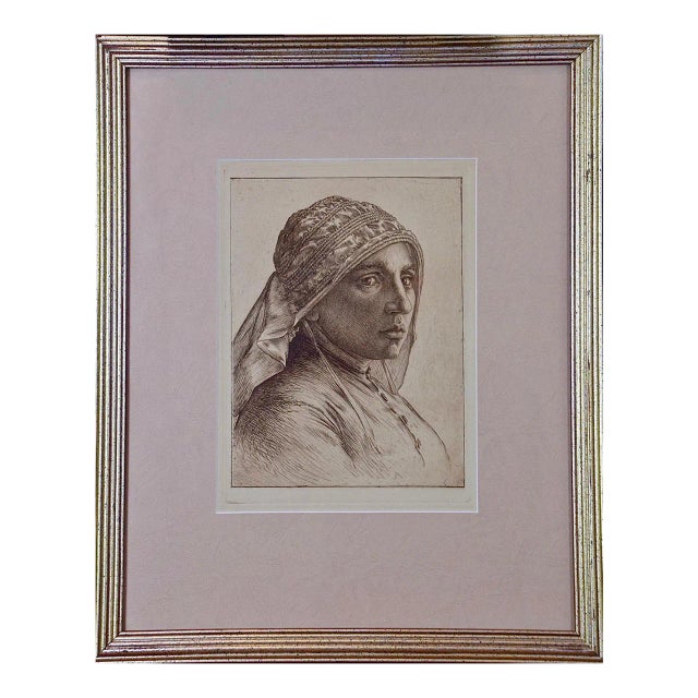 A Portrait of a Pensive Woman in a Head Scarf: An Etching by George Rhead, 1890-1910 For Sale