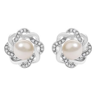 Sterling Silver Pearl and 1/10 Cttw Diamond Floral Twist Stud Earrings For Sale