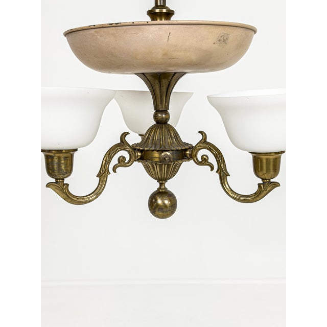 Copper Swedish Grace Three-Arm Chandelier in Brass by Harald Notini Böhlmarks, 1930 For Sale - Image 8 of 9
