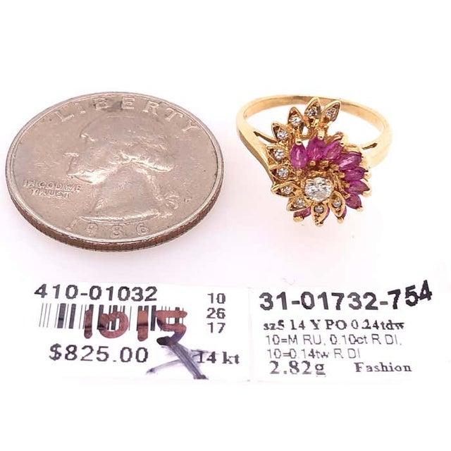 Modern 14 Karat Yellow Gold Ruby and Diamond Swirl Ring For Sale - Image 3 of 7