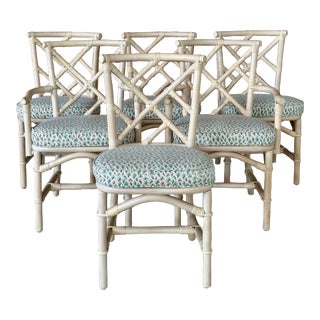Set of Six 1970’s Coastal Ficks Reed Rattan Chippendale Style Dining Chairs For Sale
