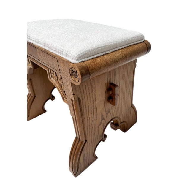 Arts & Crafts Hand-Carved Oak Stools with Boucle Upholstery, 1900s, Set of 2 For Sale - Image 12 of 16