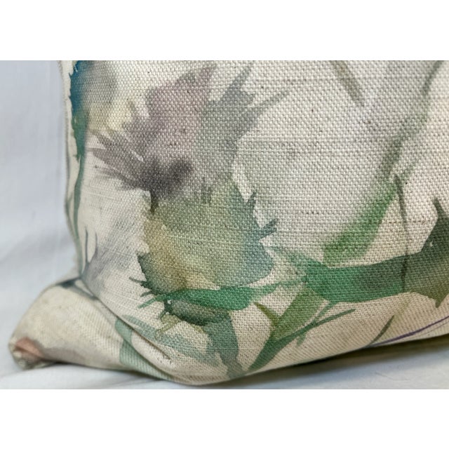 2020s Large Bolster Pillow Decorated With a Muted Water Color Like Pink and Blue Thistle Floral Pattern - Made in U K For Sale - Image 5 of 10