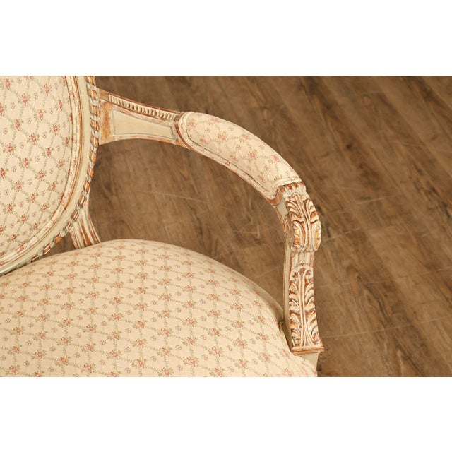 French Louis XVI Style Pair of Cream Painted Armchairs For Sale - Image 9 of 18