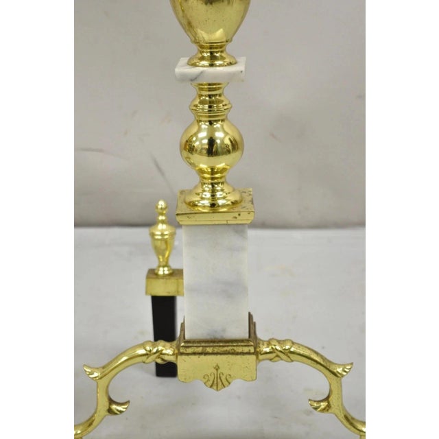 Vintage Brass Urn & Marble Federal Style Branch Leg Fireplace Andirons - A Pair For Sale - Image 10 of 11