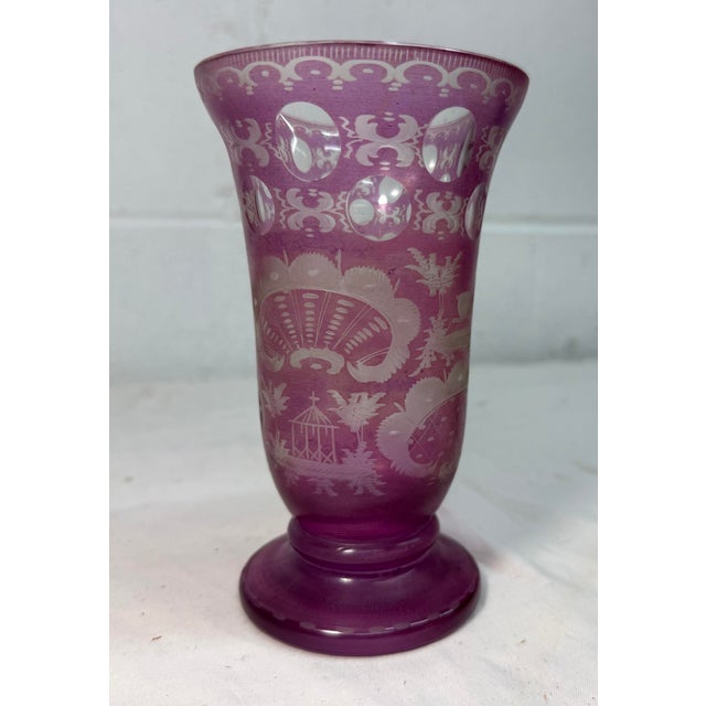 Boho Chic Antique Handmade Engraved German Purple Cut to Clear Glass Vase Cup Chalice For Sale - Image 3 of 10