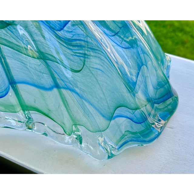 Green and Blue Scalloped Murano Draped Glass Bowl For Sale - Image 9 of 10