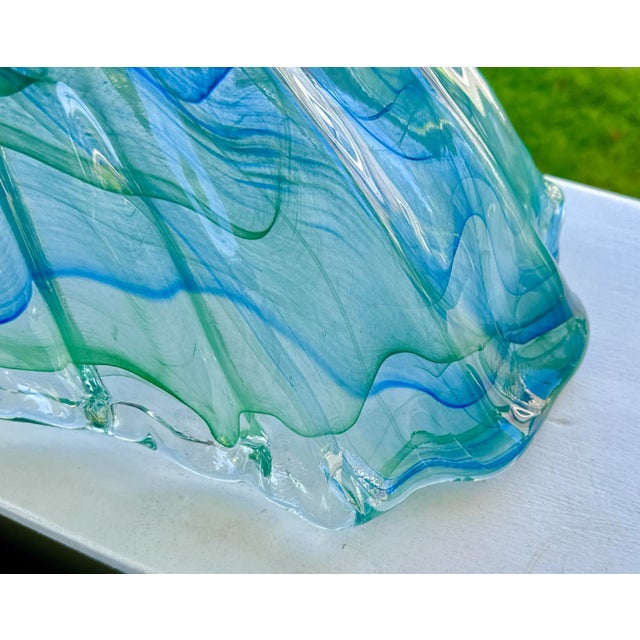 Murano Green and Blue Scalloped Large Glass Statement Bowl For Sale - Image 9 of 10