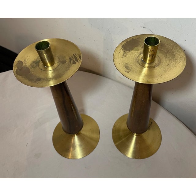 2 Vintage Mid Century Modern MCM Western German Wood Brass Candlesticks Holders For Sale - Image 13 of 13
